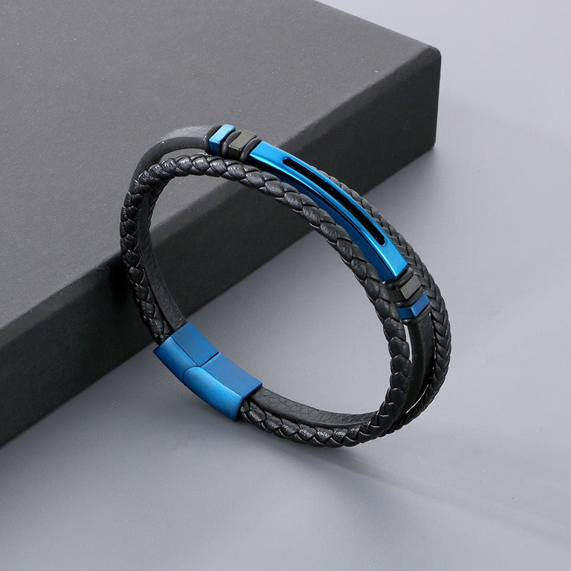 Kemstone Layered Braided Black Leather Bracelet for Men Titanium Steel Accent KB180741-JR