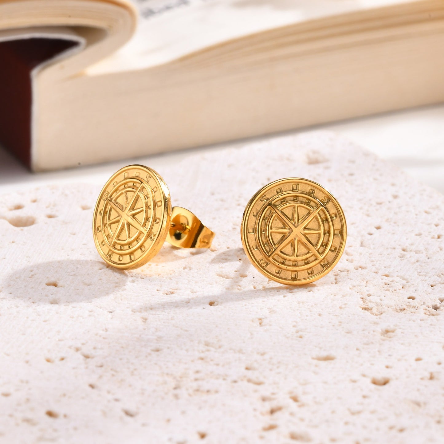 Kemstone Men’s Stainless Steel Compass Stud Earrings – Vintage Hip Hop Gold Silver Black ES-505