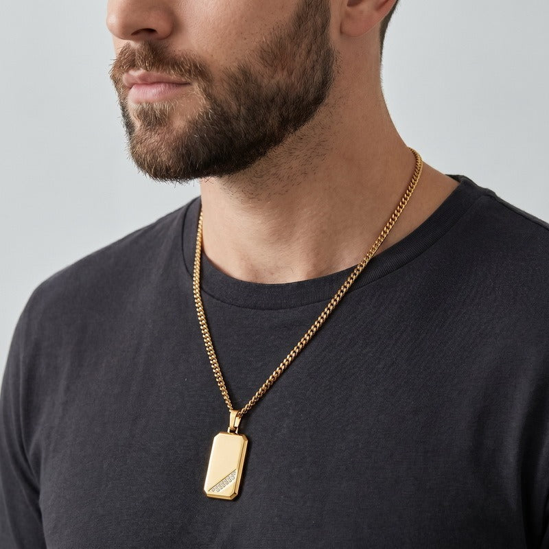 Kemstone Titanium Steel Tag Pendant Necklace for Men Angled Cubic Zirconia KN302396-KFC