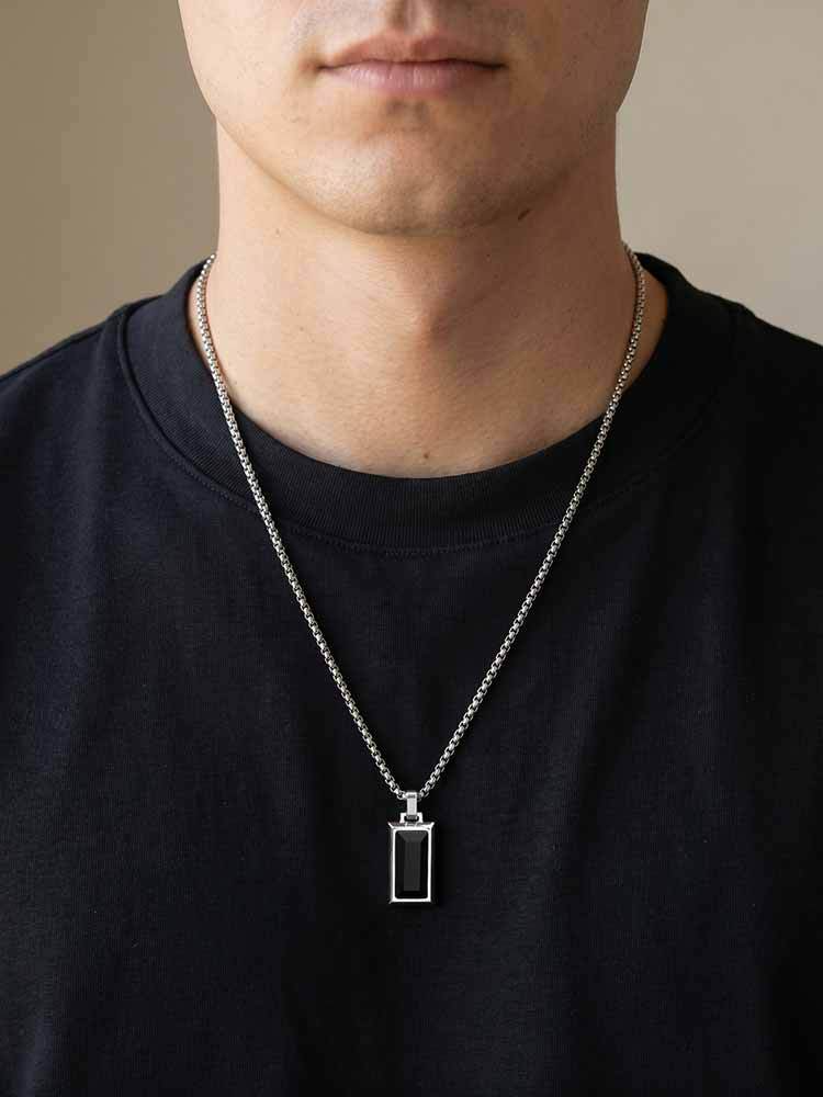 Kemston Rectangular Black Agate Pendant Necklace for Men Stainless Steel Vintage PN2379