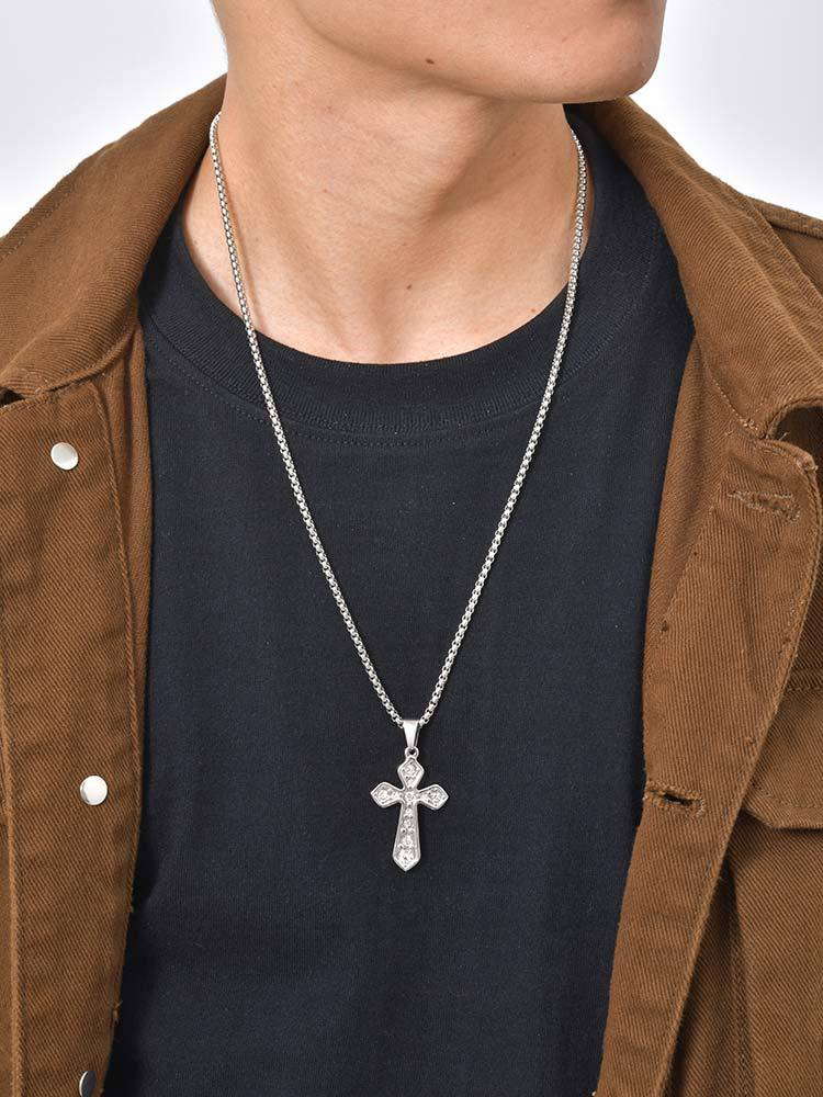 Kemstone Cross Pendant Necklace for Men Gold Plated Stainless Steel Cubic Zirconia Vintage Chain PN-2288