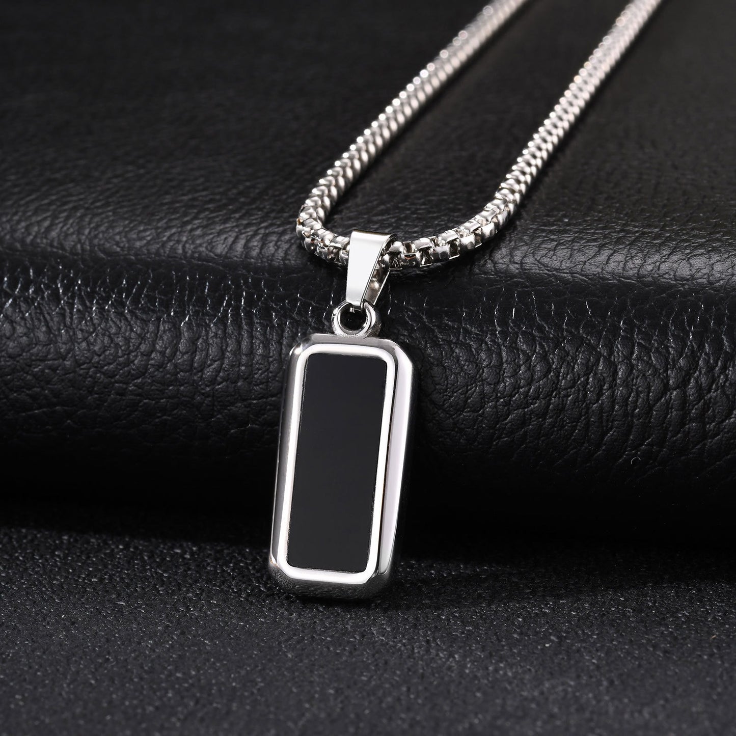 Kemston Carbon Fiber Pendant Necklace for Men Stainless Steel Black Rectangle Design PN-2319