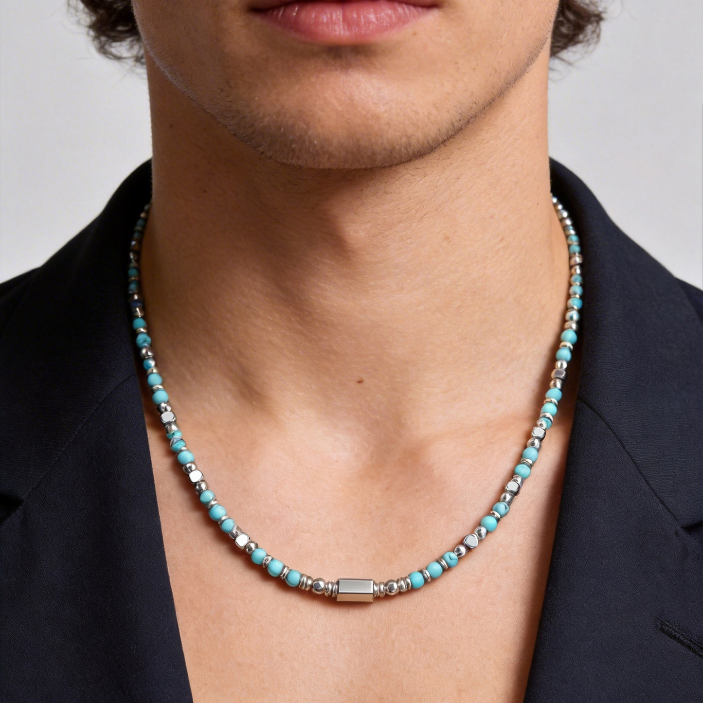 Kemstone Beaded Necklace Stainless Steel Bar Mixed Stone Malachite Turquoise for Men NC-2811