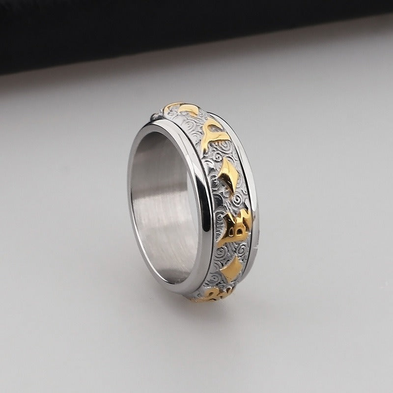Kemstone Rotating Mantra Ring - Stainless Steel Hexagram Engraved Band with Textured Edges for Stress Relief & Positive Flow KR37988-K