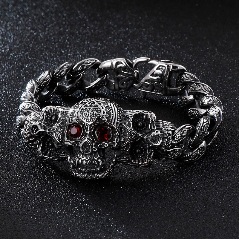 Kemstone Skull Cross Bracelet – Distressed Titanium Steel with Zircon Inlays | Gothic Punk Jewelry for Men KB112525-BD