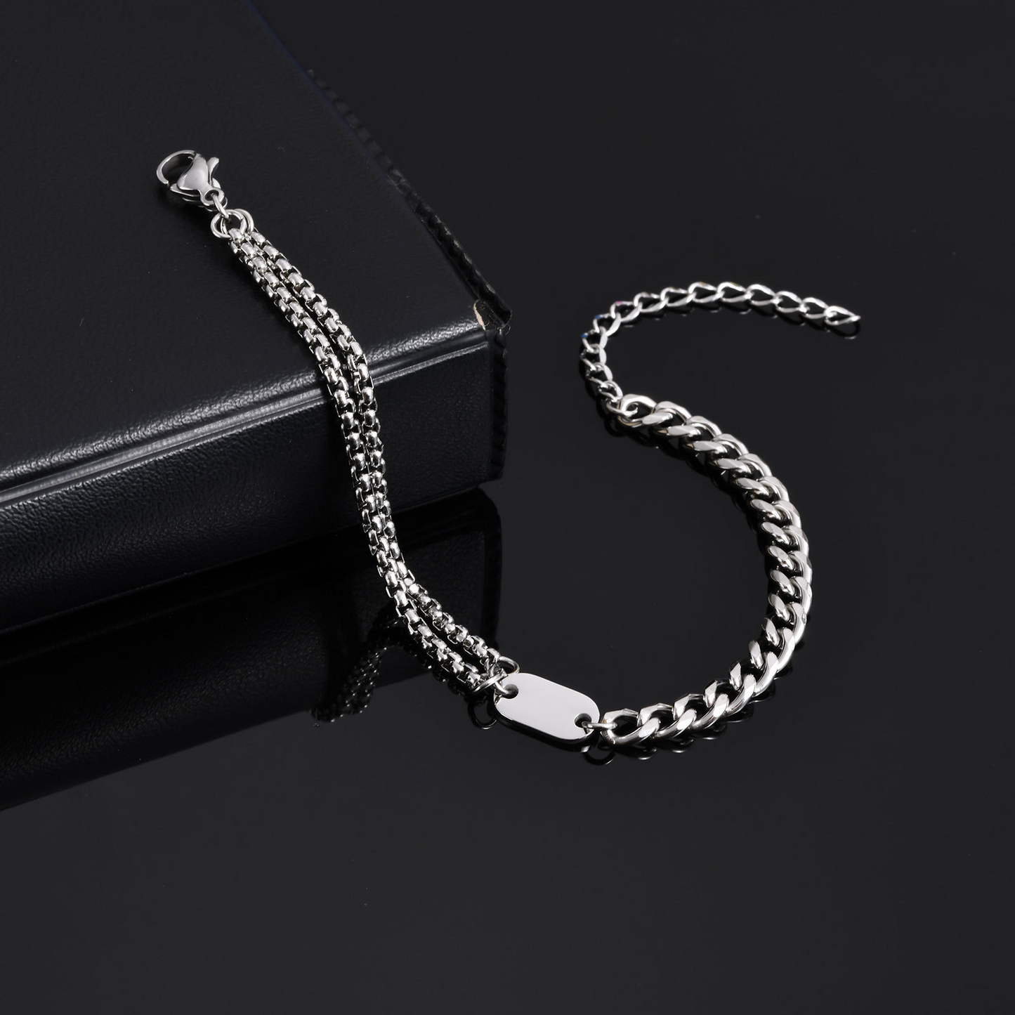 Kemstone Stainless Steel Double Chain Bracelet with Oval Plate for Men – Minimal Layered Link BR-1969