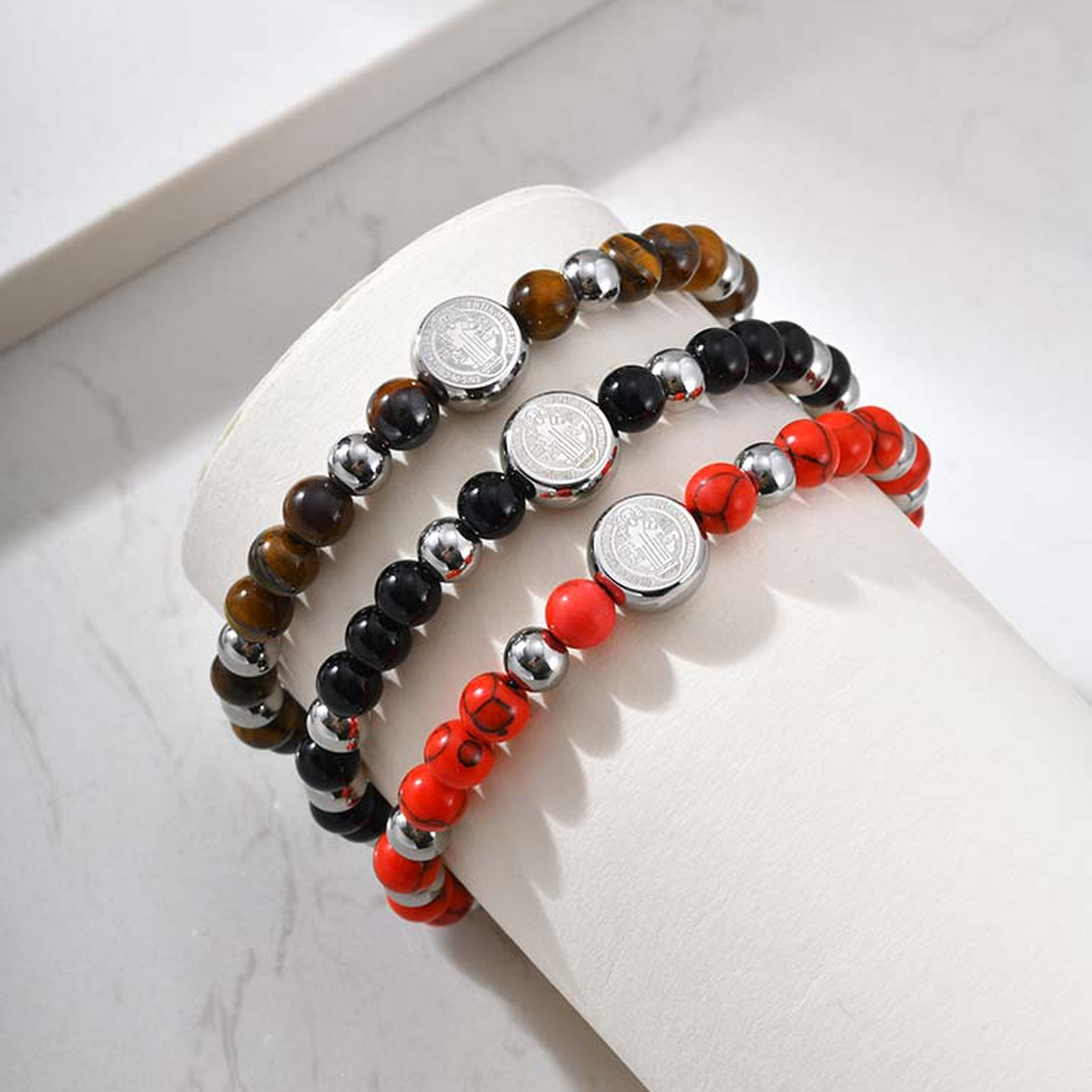 Kemstone Stainless Steel Engraved Coin Beaded Bracelet for Men – Natural Stone Adjustable BR-2354