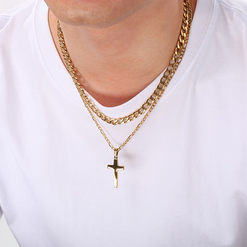 Kemstone Stainless Steel Cross Pendant Necklace for Men Layered NK Chain KN292217-Z