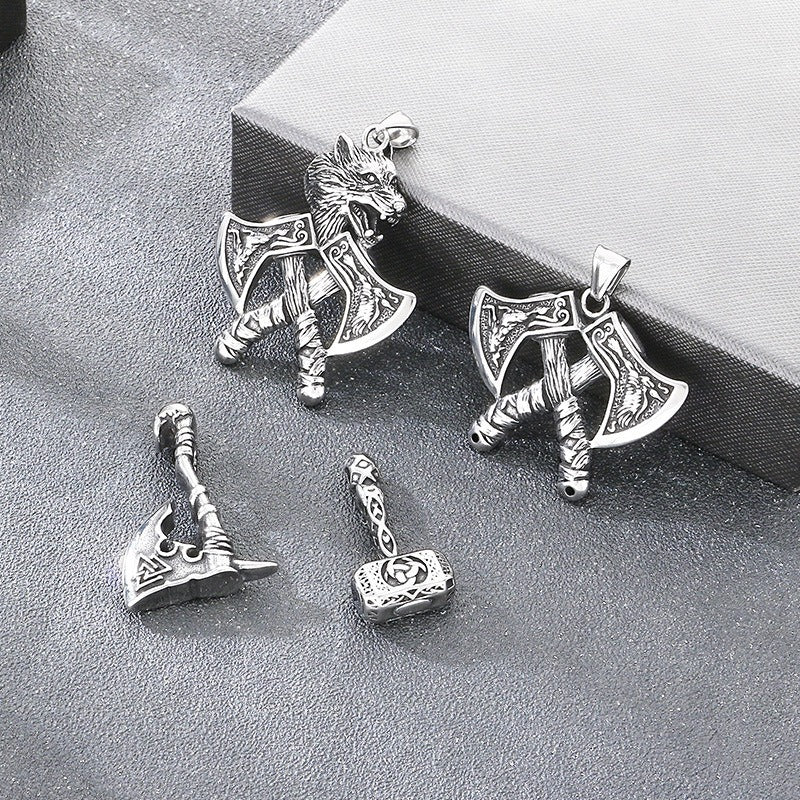 Kemstone Viking Axe Pendant Necklace Titanium Steel Wolf Head Celtic Knot Style for Men Silver KP117026-LU