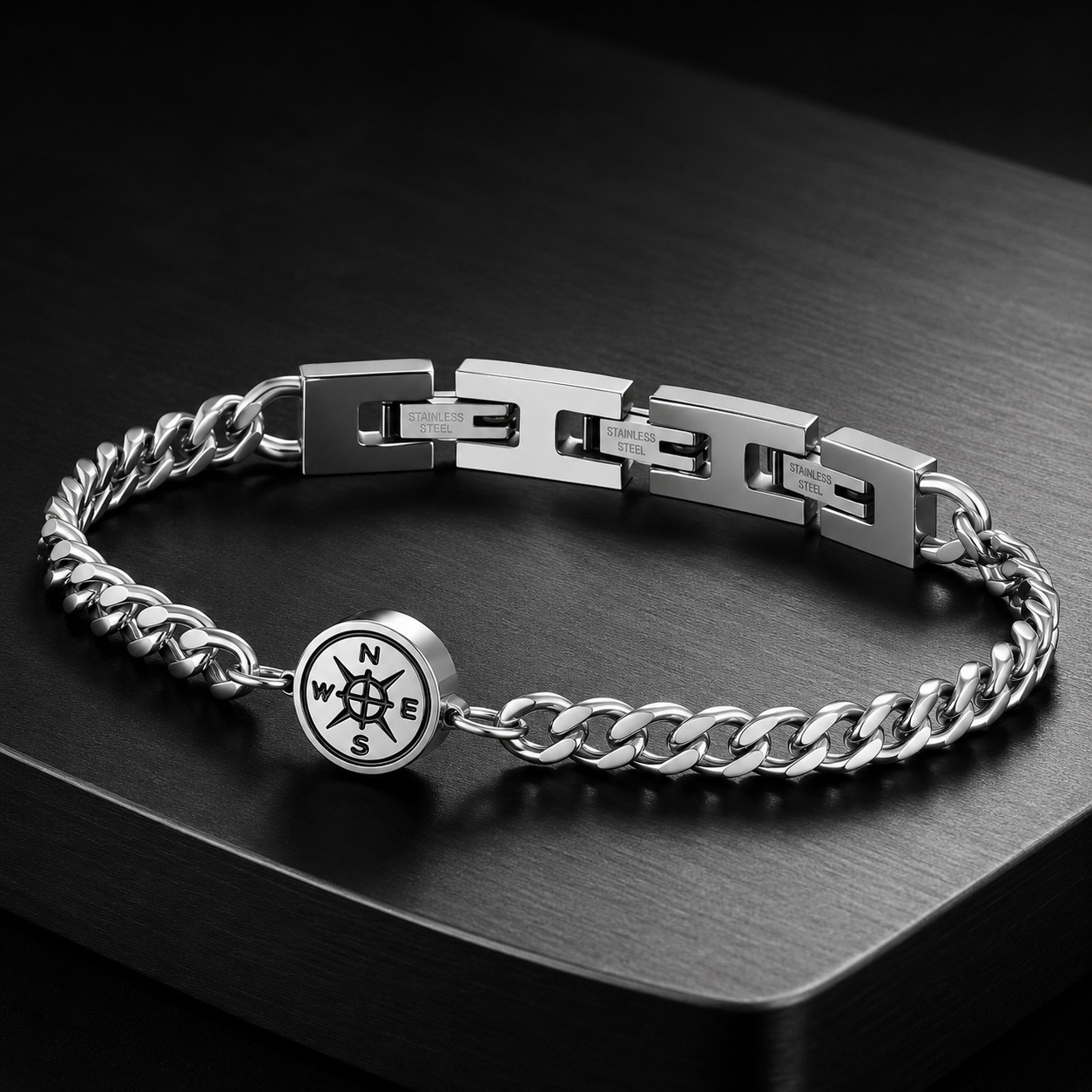 Kemstone Stainless Steel Compass Cuban Link Bracelet for Men Double H Clasp Silver BR-2210