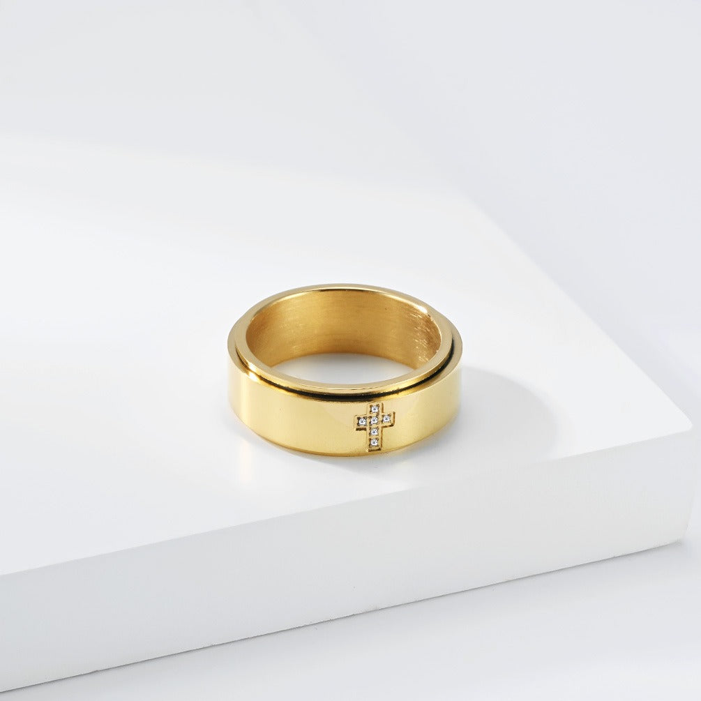 Kemston Rotating Cross Ring for Men & Women Stainless Steel Small Stone Detail K-R1220