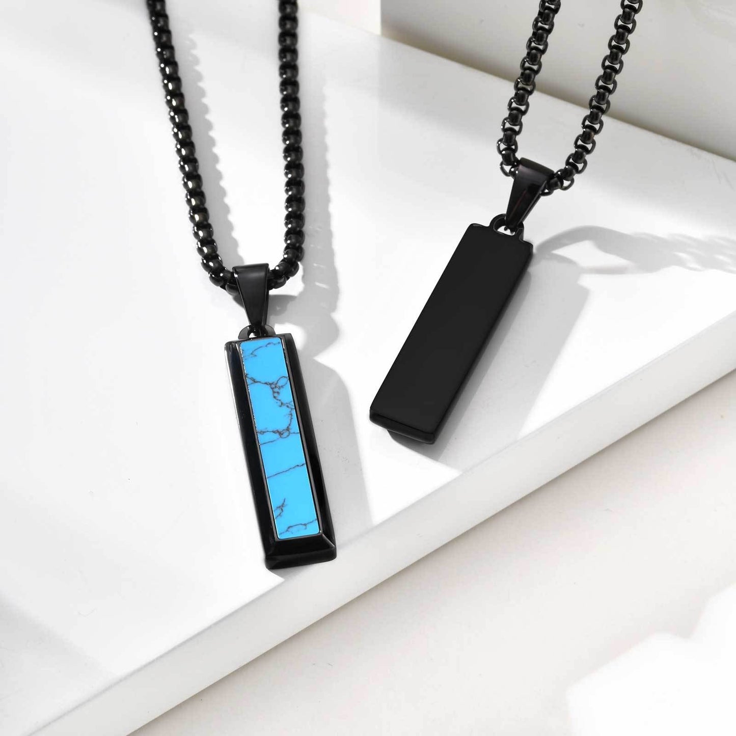 Kemstone Stainless Steel Geometric Bar Pendant Necklace for Men with Onyx or Turquoise PN-2221