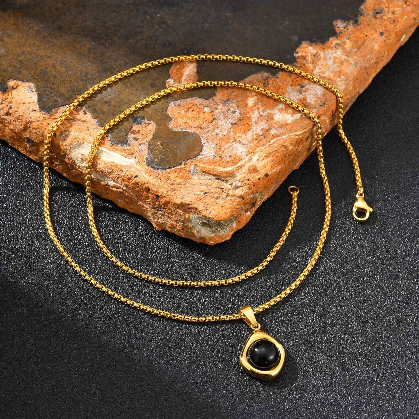 Kemstone Men’s Stainless Steel Necklace – Irregular Natural Stone Pendant Tiger Eye / Onyx / Turquoise PN-2189