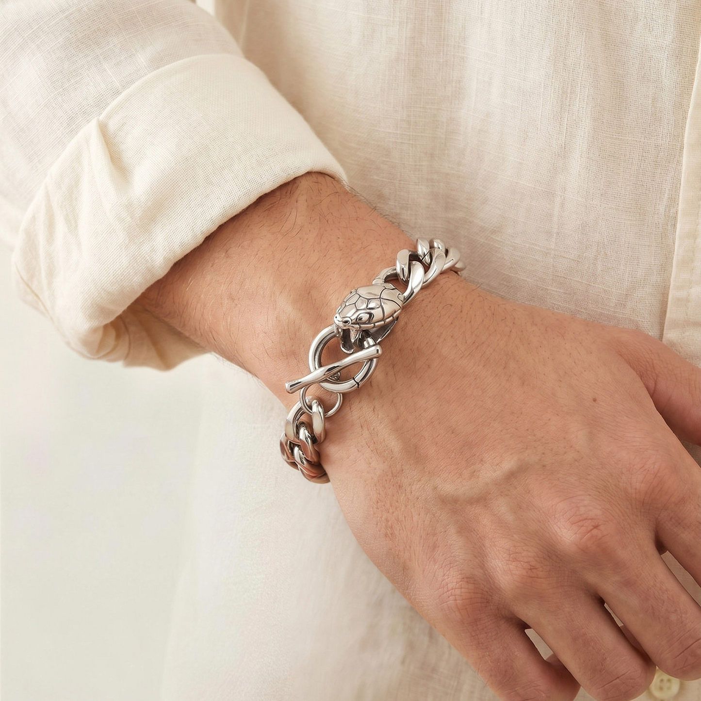 Kemstone Stainless Steel Snake Head Cuban Link Bracelet for Men OT Clasp Silver BR-2810