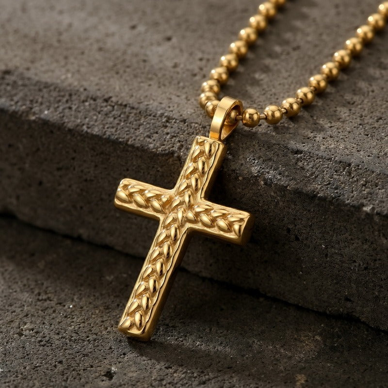Kemstone Titanium Steel Wheat Texture Cross Pendant for Men KN302490-GC