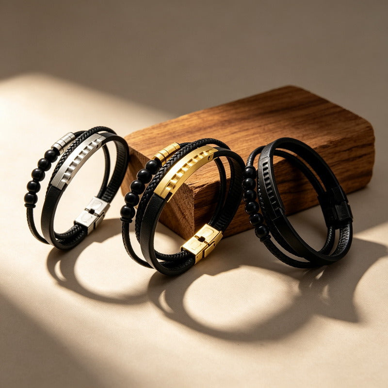Kemstone Multi-Layer Braided Leather Bracelet for Men Beaded Titanium Steel KB147788-KLHQ