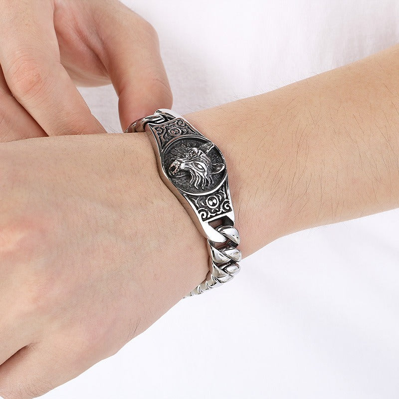 Kemstone Men’s Wolf Head Bracelet – Titanium Steel Cuban Chain 220mm KB205184-KJX