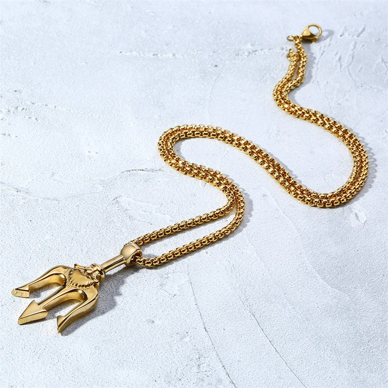 Kemstone Trident Pendant Necklace for Men Stainless Steel Vertical Symbol Gold Silver Black PN-1176