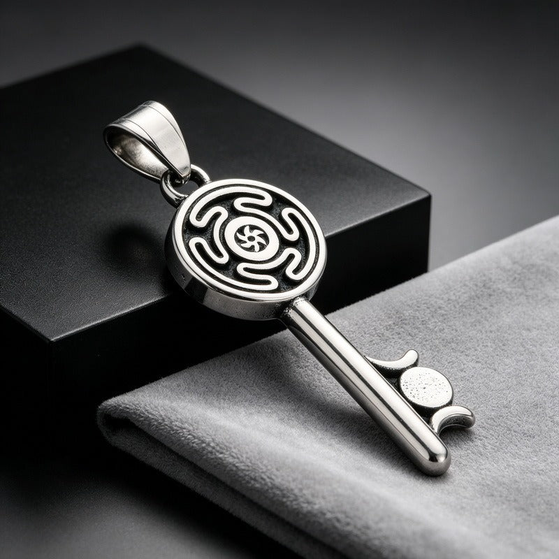 Kemston Stainless Steel Snake Wrap Rune Key Pendant Necklace for Men Gothic Labyrinth Symbol Key Charm KP118633-LU