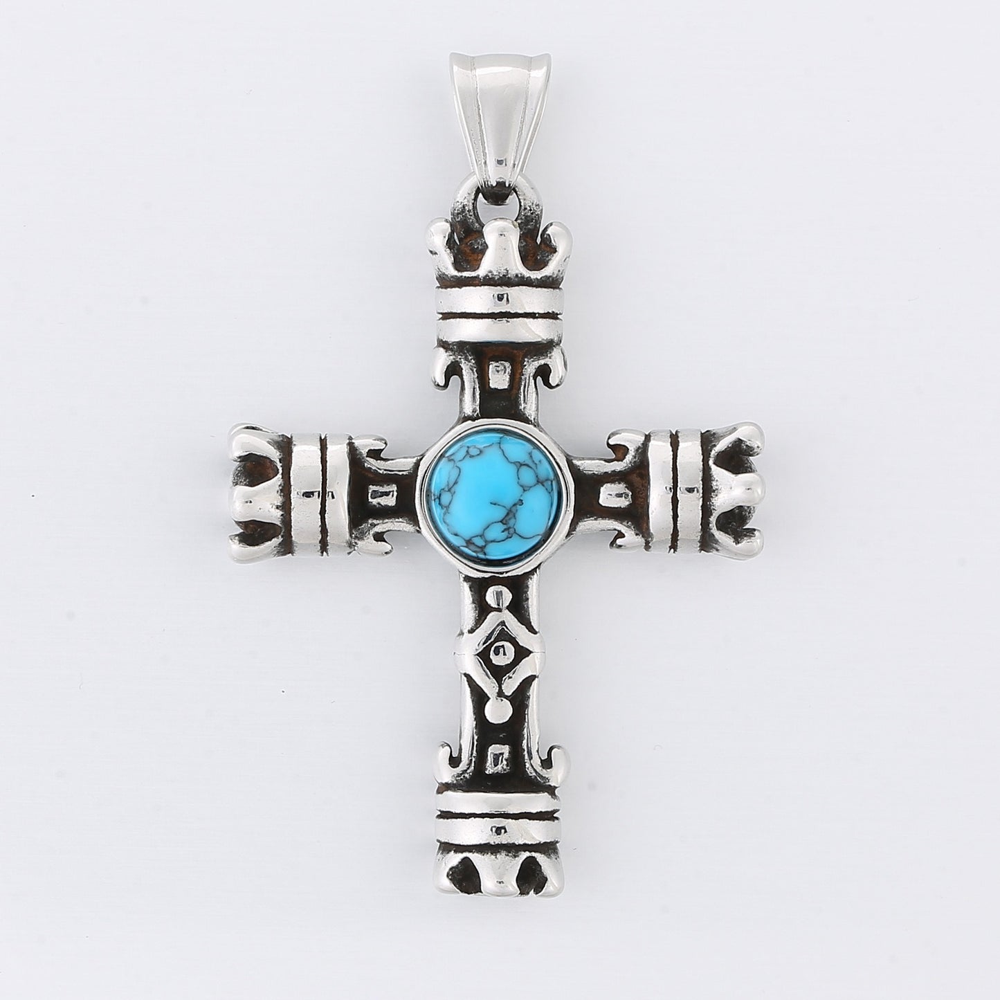 Kemstone Gothic Portrait Pendant – Titanium Steel Necklace with Crown & Turquoise Cross KP119878