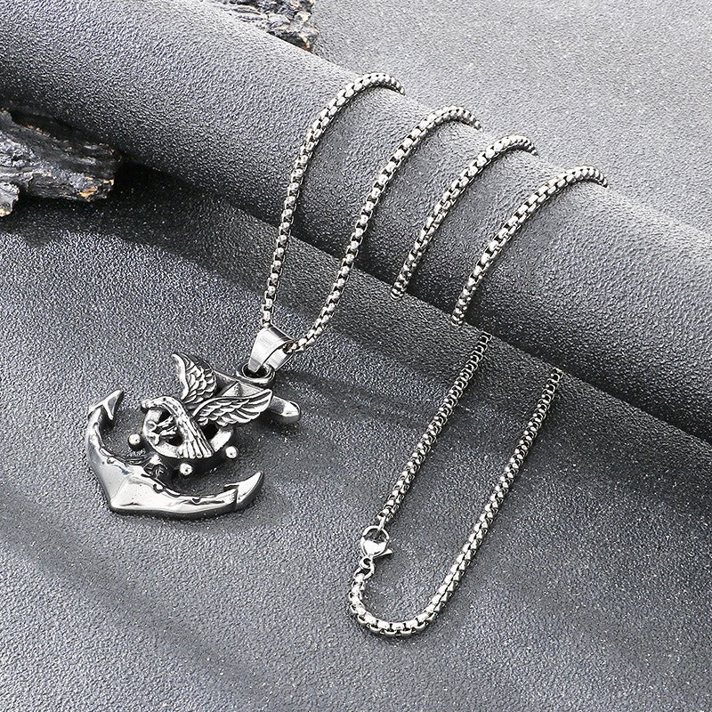 Kemstone Anchor Pendant Necklace Titanium Steel Nautical Wheel Skull Cross Design for Men Silver KP117037-LU