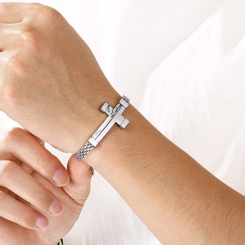 Kemstone Woven Chain Cross Bracelet for Men Titanium Steel KB213351-KFC