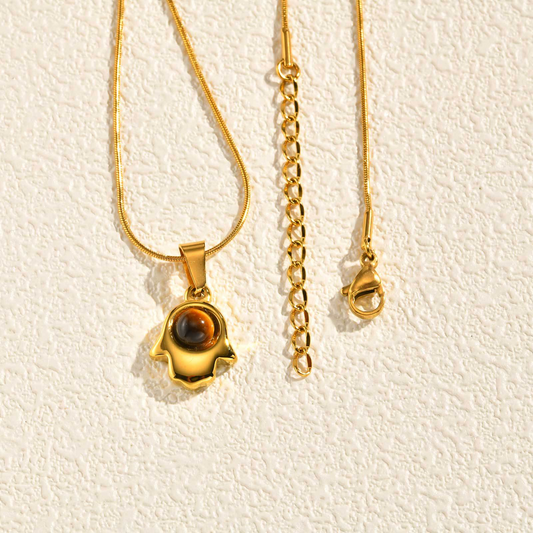 Kemstone Stainless Steel Hamsa Hand Tiger Eye Horn Pendant Necklace – Layered Design for Men & Women PN-2332