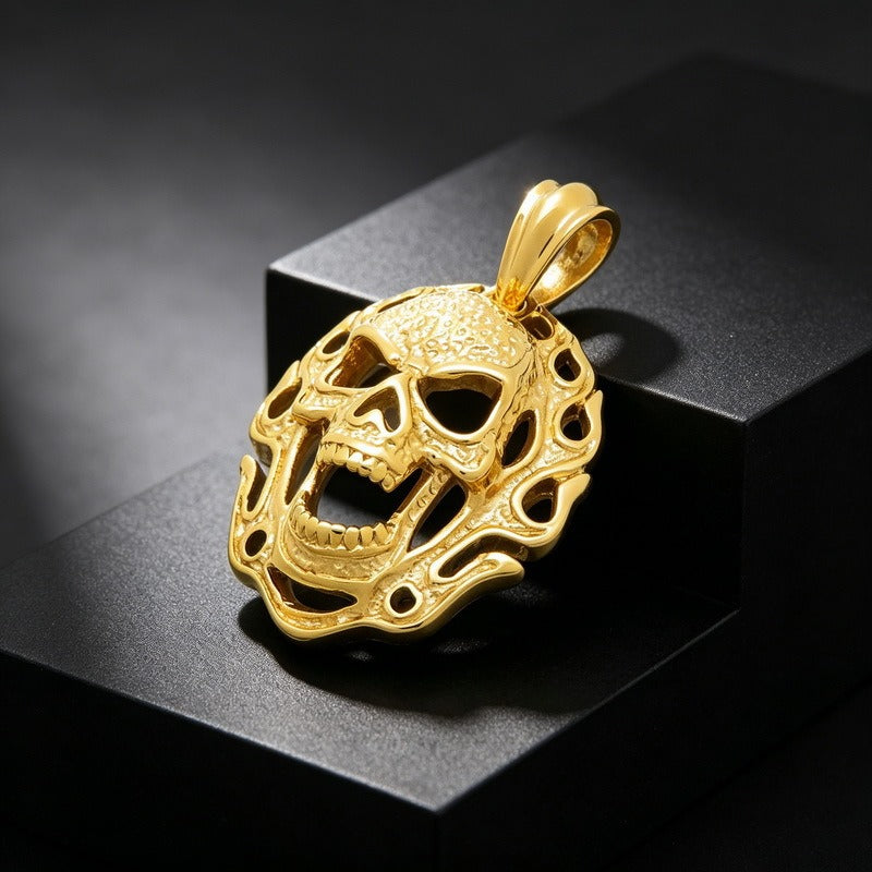 Kemstone Stainless Steel Flame Skull Pendant Necklace for Men Medallion KP118157-KJX