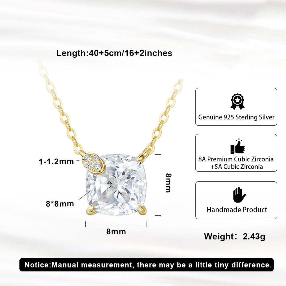 Kemstone 925 Sterling Silver Cushion Cut CZ Pendant Necklace for Women, 8mm Dainty Gold Plated Clavicle Chain A4-LZN29