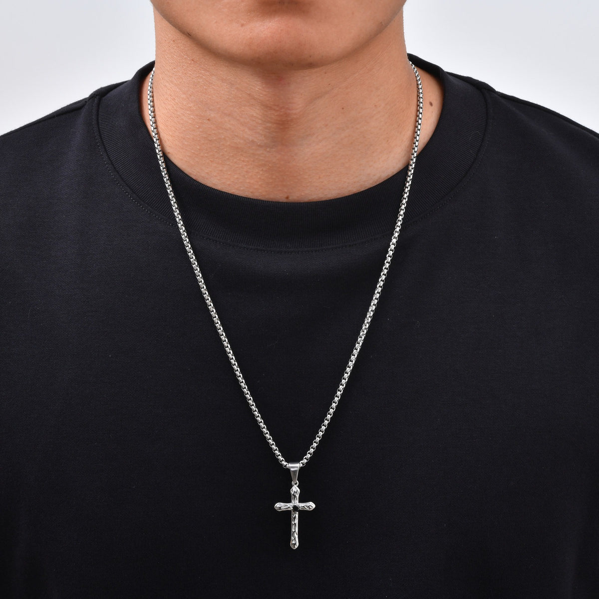 Kemstone Stainless Steel Hammered Cross Necklace for Men Cubic Zirconia Center PN-247