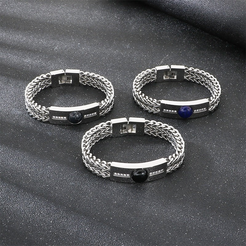 Kemstone Titanium Steel ID Bar Bracelet for Men Stone Inlay Braided Chain KB212795-KFC