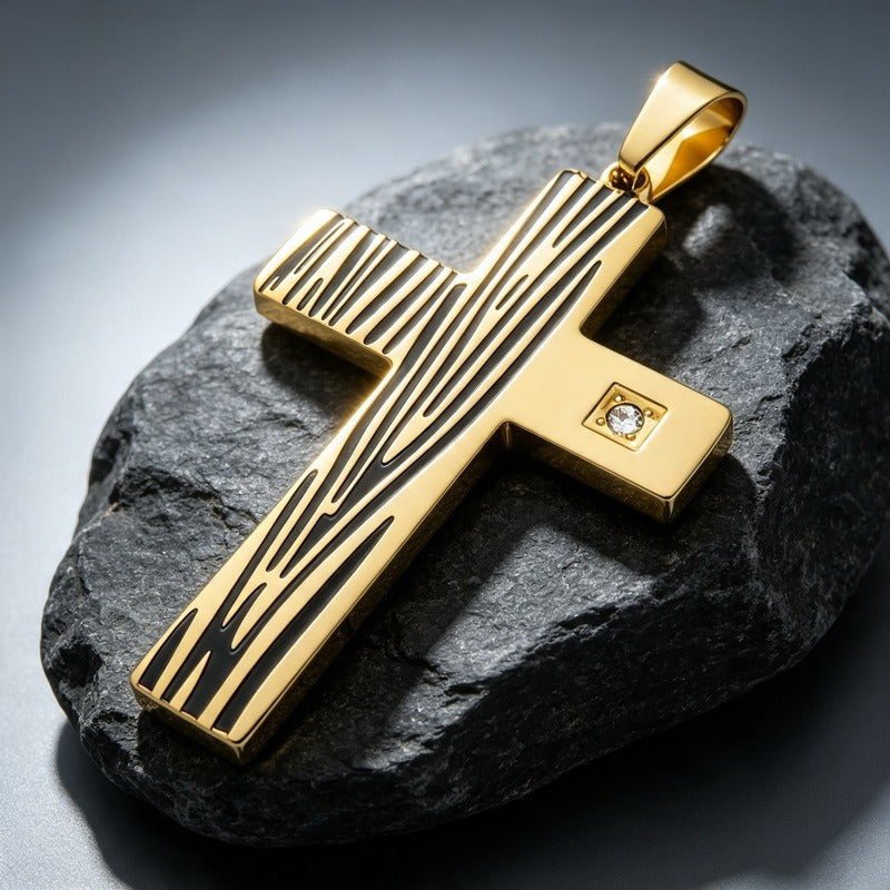 Kemstone Wood Grain Cross Pendant Necklace for Men Stainless Steel Cubic Zirconia Accent KP119491-HR