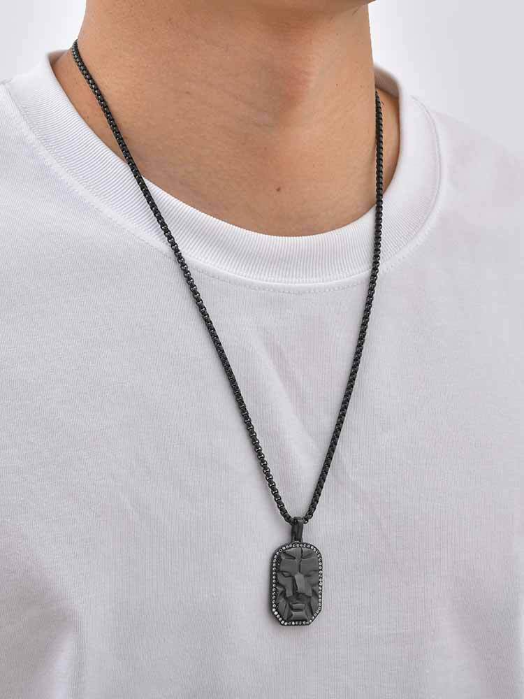 Kemston Face Pendant Necklace for Men Black Cubic Zirconia Leopard Stainless Steel Wild Identity PN-2350