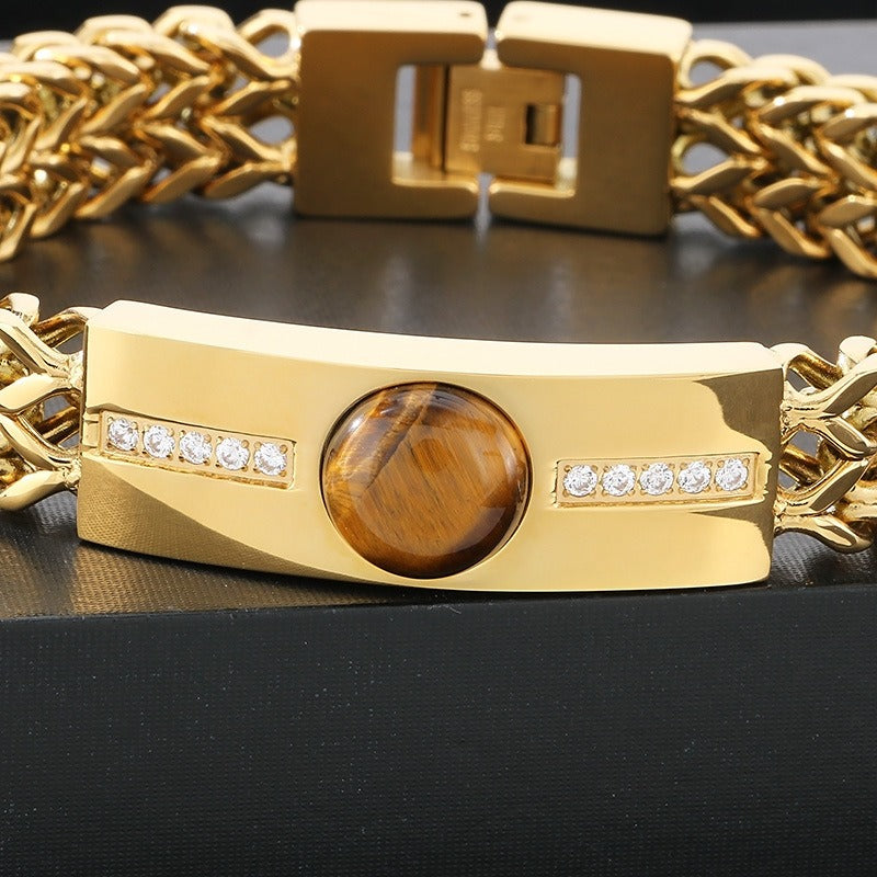 Kemstone Hiphop Zirconia-Encrusted Vintage Dual-Chain Tiger's Eye Stone Curb Men's Bracelet KB187685
