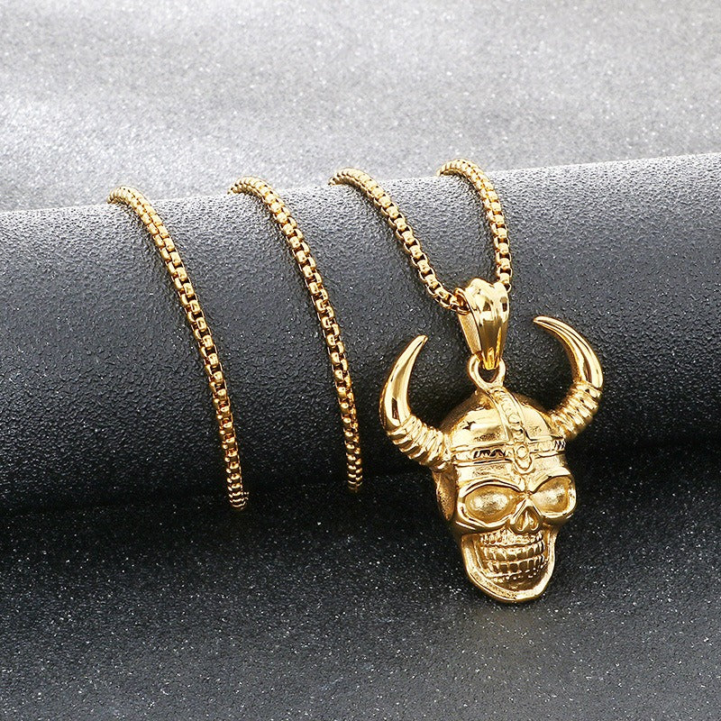 Kemstone Skull Pendant Necklace for Men Titanium Steel Horned Helmet Gold Silver KP116682-KJX