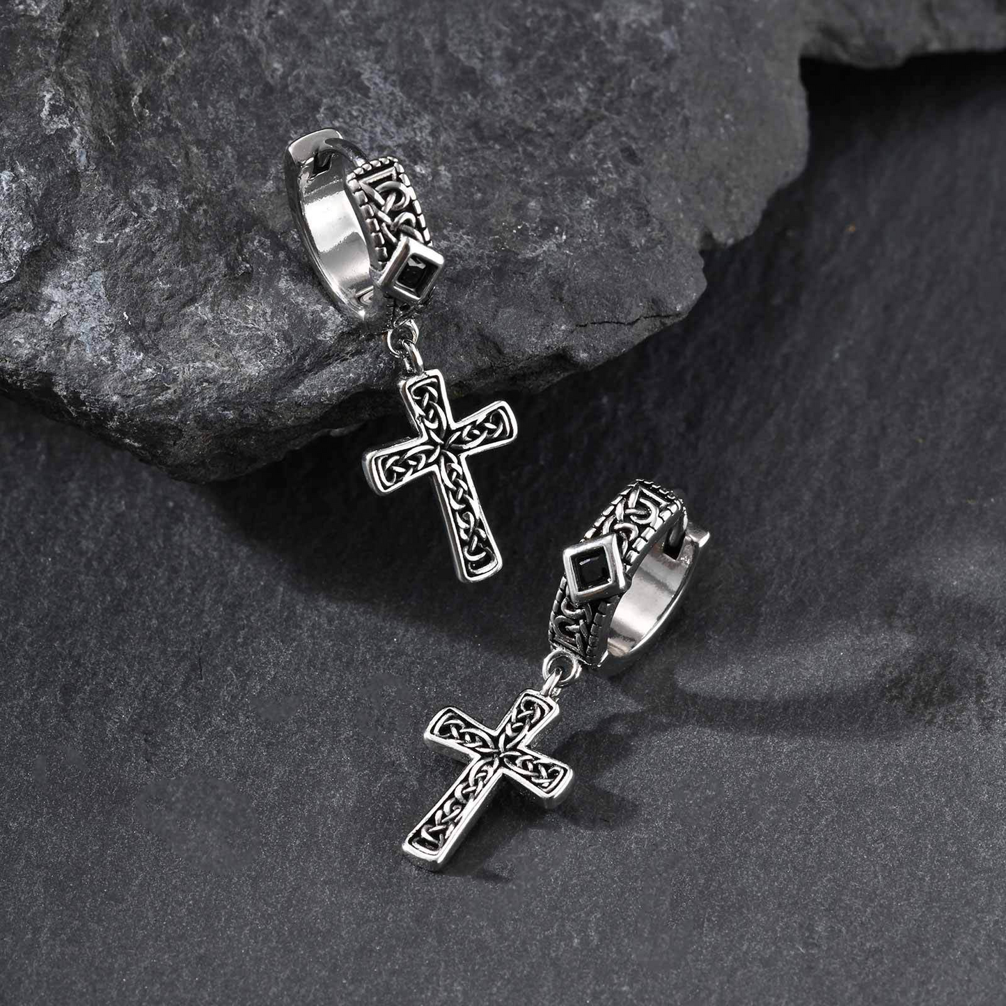 Kemstone Stainless Steel Cross Hoop Earrings – Structured Frame & Drop Detail EH-787