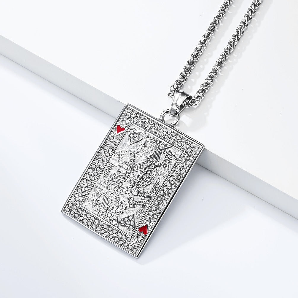 Kemstone Stainless Steel Playing Card Pendant Necklace for Men Women Iced Heart King K-PT719