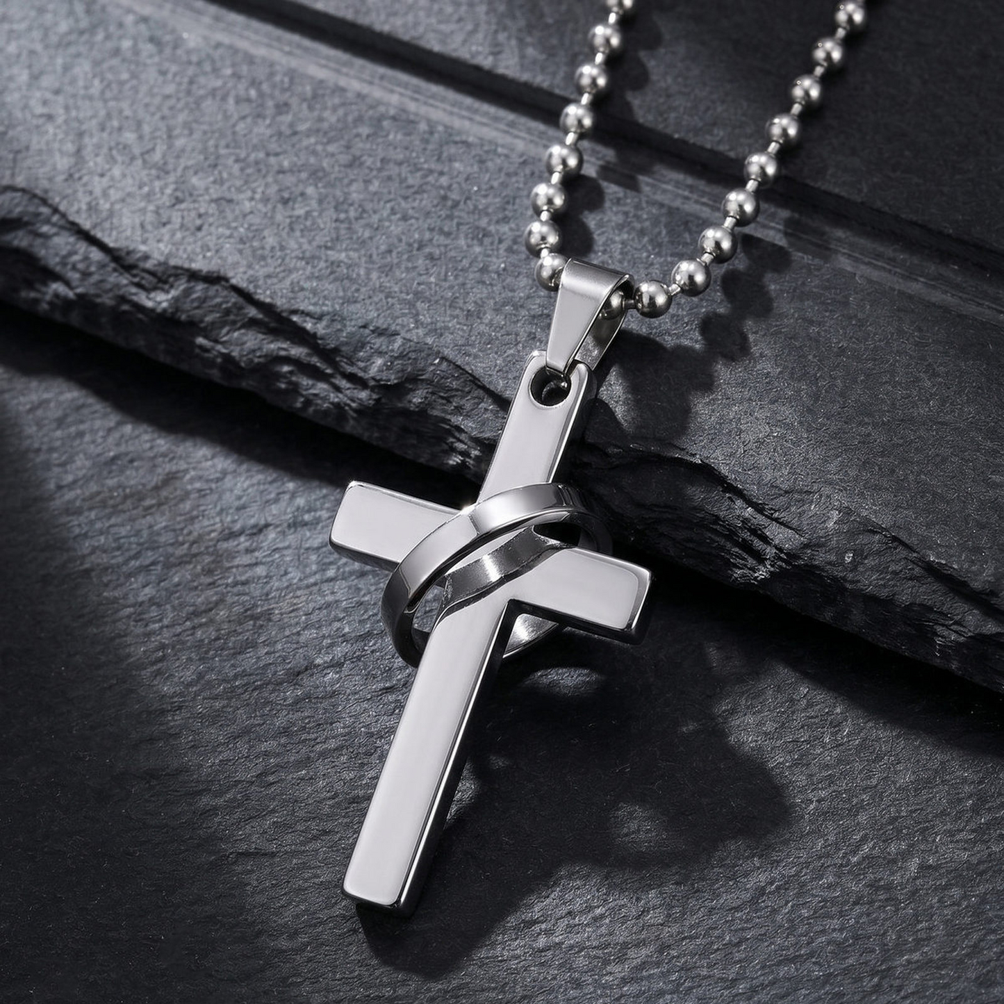 Kemstone Stainless Steel Cross Ring Pendant Necklace for Men Silver Black NC-3002