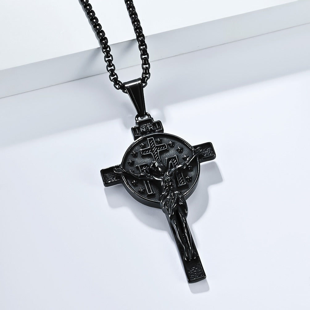 Kemstone Men’s Titanium Steel Cross Necklace – Vintage Relief Pendant K-PT641