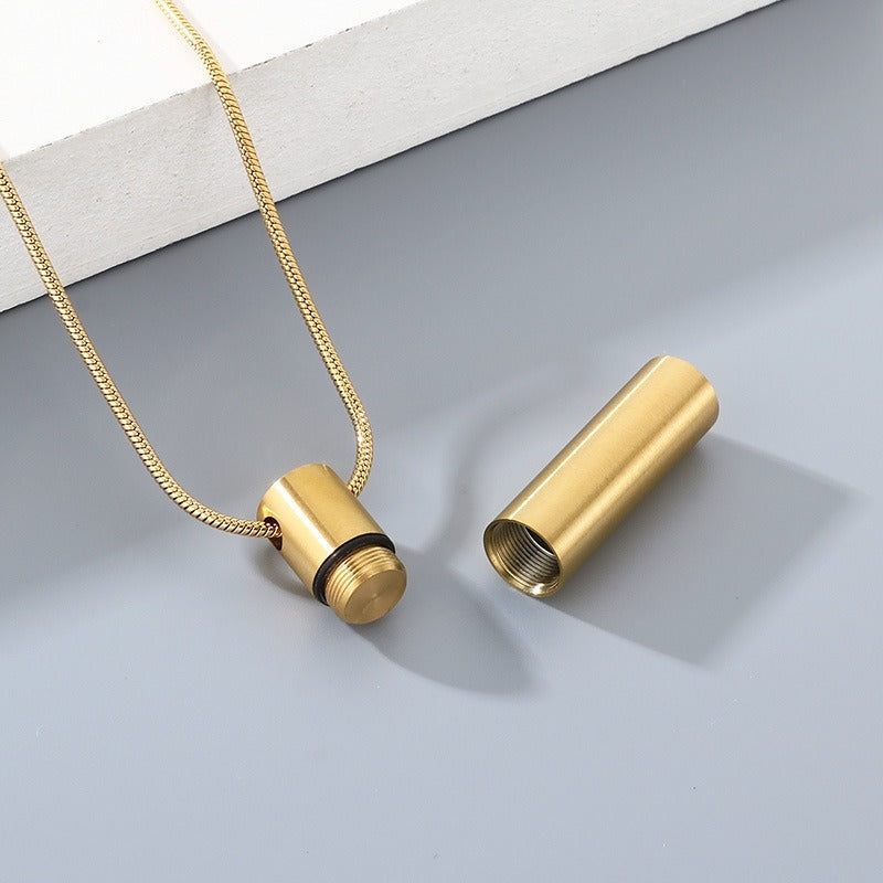 Kemstone Cylindrical Storage Necklace – Stainless Steel Screw-Cap Pendant for Men & Women KN299102-ZLA