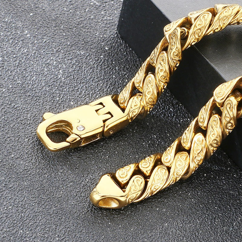 Stainless Steel Cuban Link Bracelet for Men, Vintage Braided Chain Bracelet with Zircon Clasp, Vacuum Plated Hip Hop Punk Biker Bracelet, Durable Mens Jewelry Gift