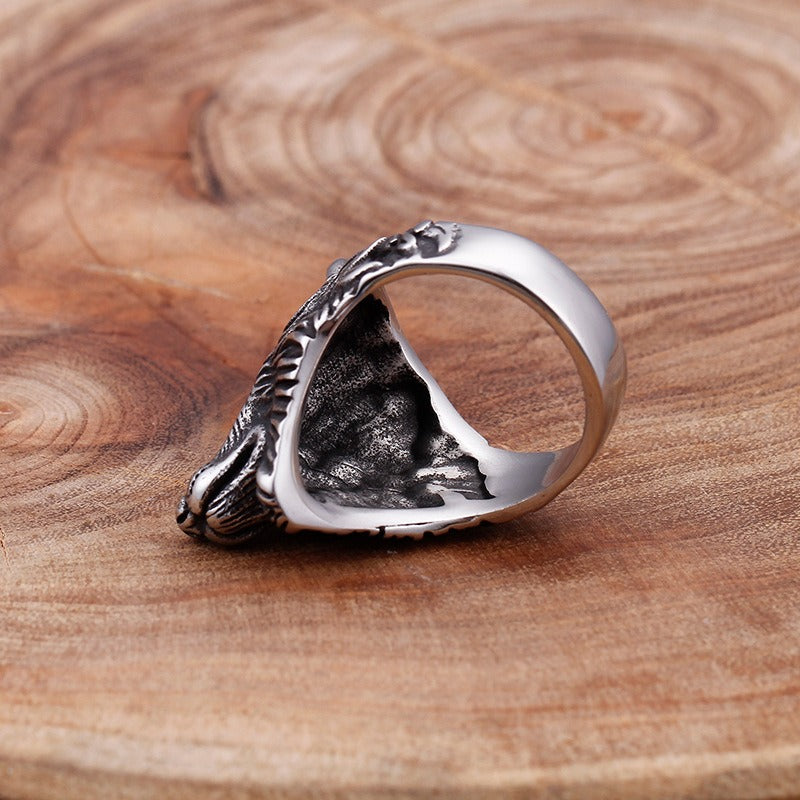 Kemstone Vintage Viking Wolf Head Titanium Steel Ring & Double Wolf Head Chain Bracelet Set - Punk Celtic Knot Adventure Jewelry for Men 	KR48275