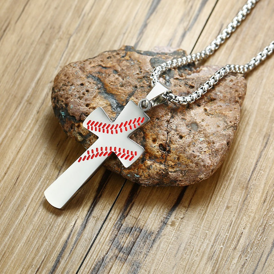 Kemstone Stainless Steel Baseball Cross Pendant Necklace for Men Stitch Detail PN-1083