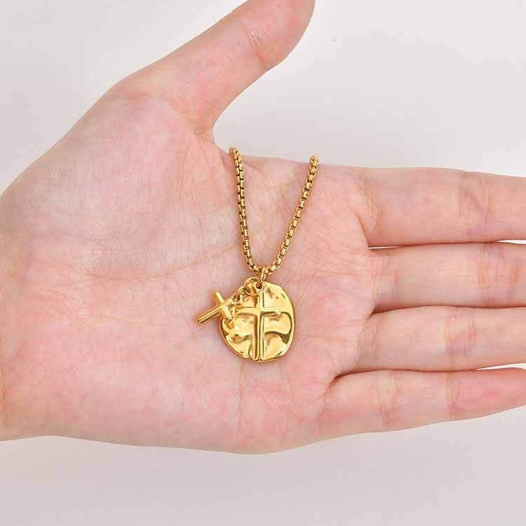 Kemstone Vintage Coin Medallion Necklace with Cross Pendant for Men Stainless Steel PN-2277