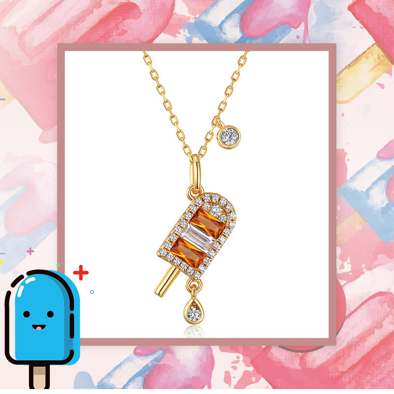 Collar de helado naranja de verano, diseño original artesanal de Kemstone para mujer - Colgante de helado de plata de ley S925 con nanocircón amarillo