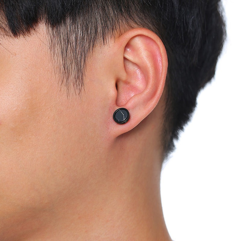 Kemstone Stud Earrings for Men Stainless Steel Round Stone Detail Black ES-302