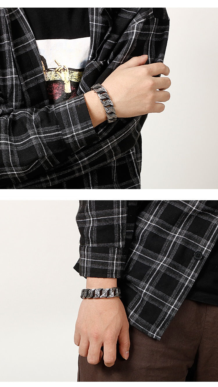 Kemstone Nordic Patterned Curb Chain Bracelet – Heavy 316L Stainless Steel Men’s Gothic Jewelry KB128122