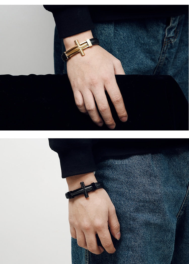 Kemstone Cross Leather Bracelet for Men Titanium Steel Braided Black Cord Design KB130233-KFC