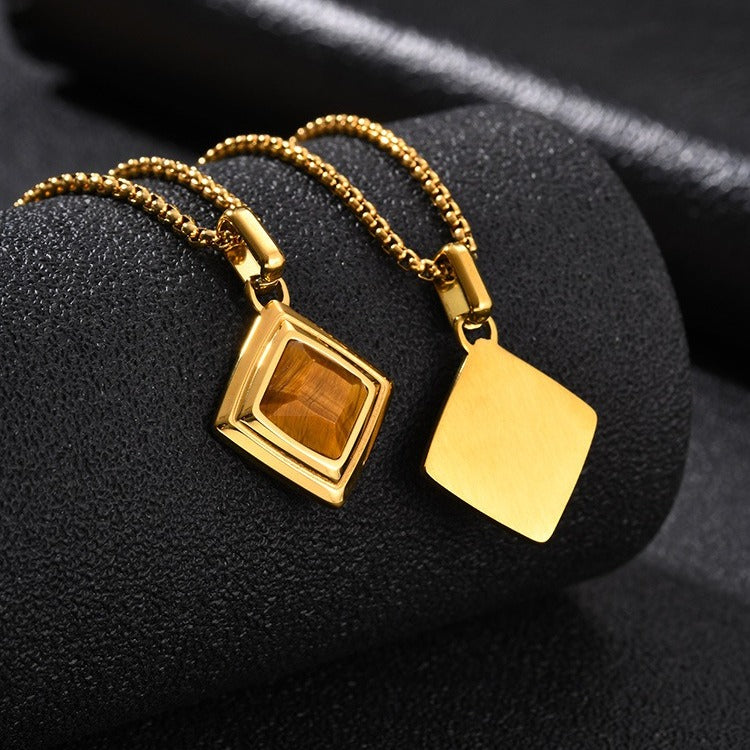 Kemston Tiger Eye Square Pendant Necklace for Men Stainless Steel Geometric Stone Design PN-2436