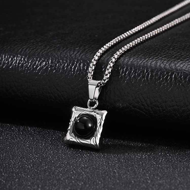 Kemston Stainless Steel Black Onyx Square Pendant Necklace for Men Minimal Stone Design PN-2421